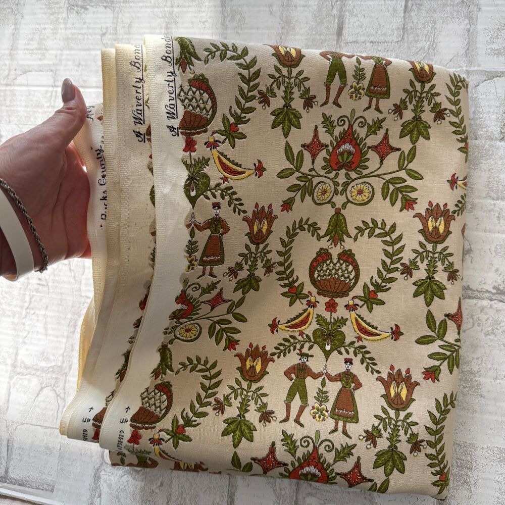VTG Waverly Bucks County Folk Art Pattern Bonded Fabric 1.30 x 9.16 Yds